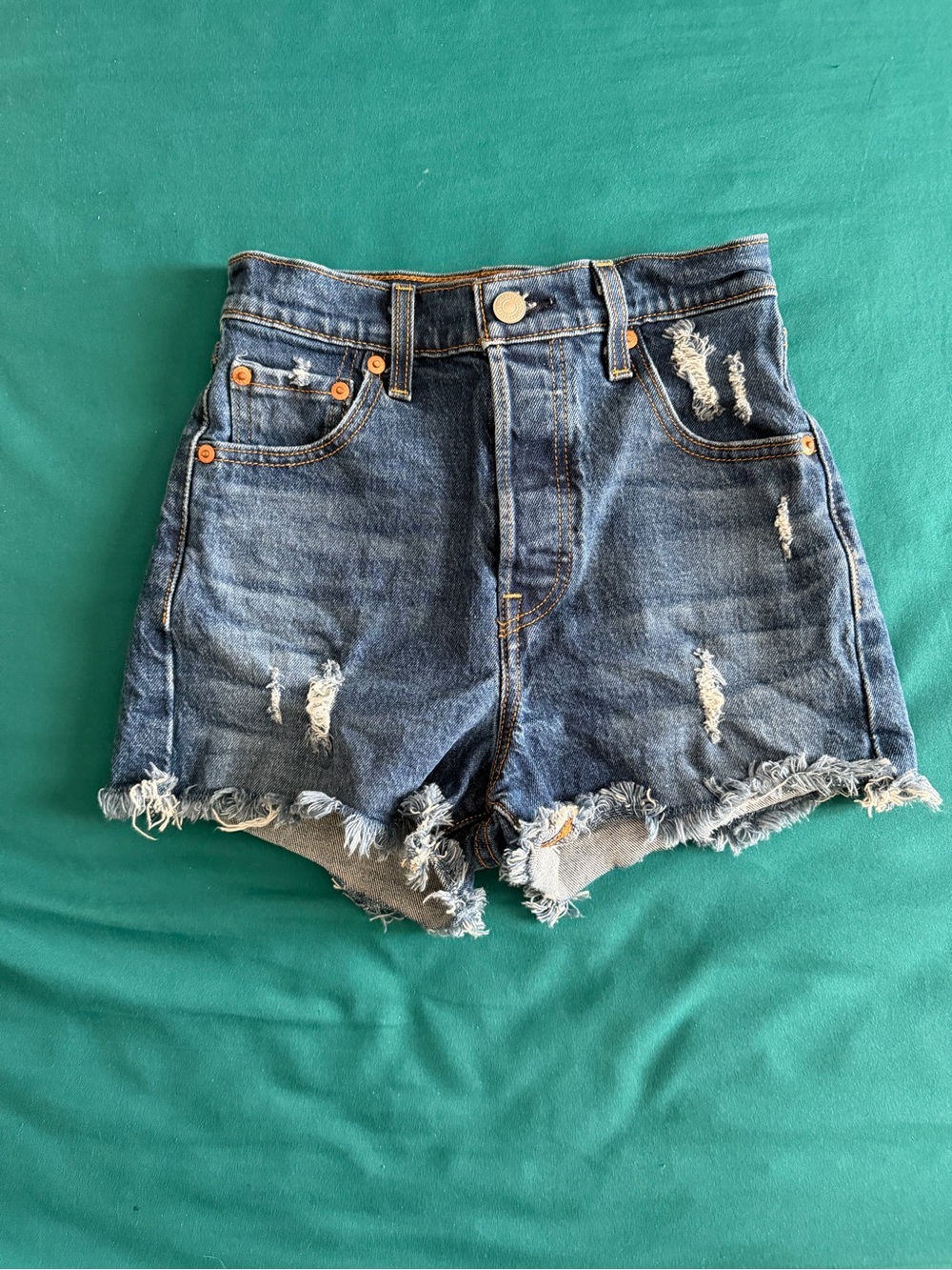 Levi’s High-Waisted Ribcage Distressed Denim Shorts - Blue